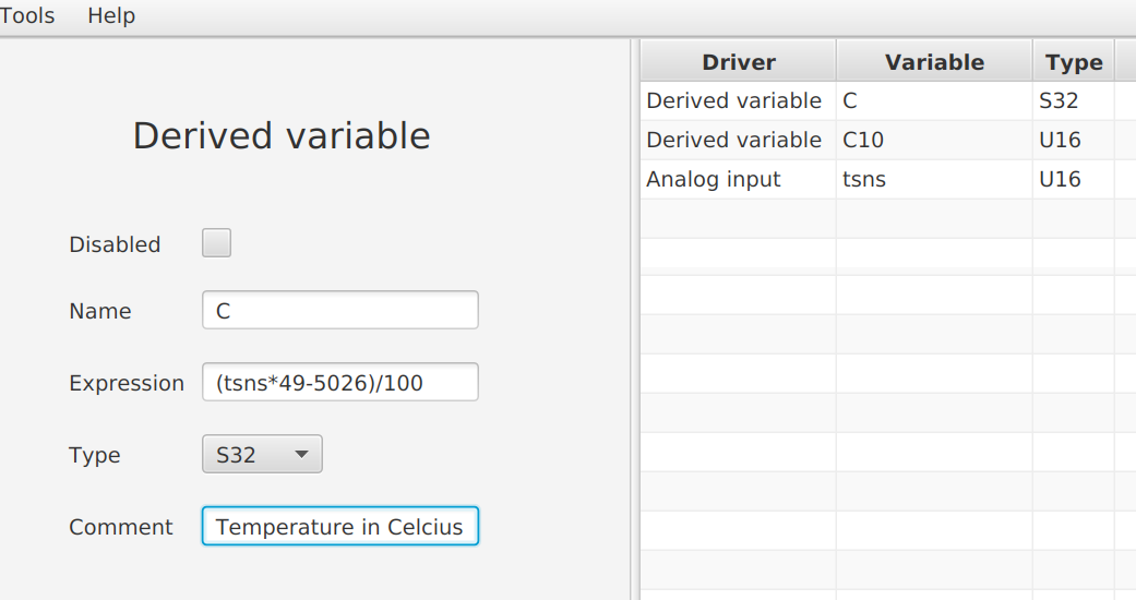 TMP36 temperature sensor in Devstudio - derived variable